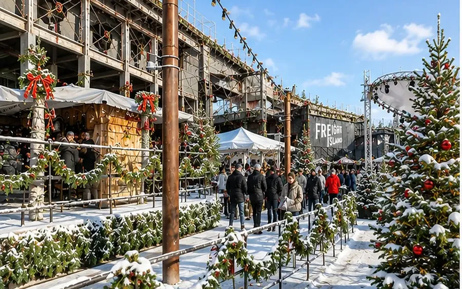 Families walking the snowy, garland-lined path through the Freight Island Christmas Village in daylight.