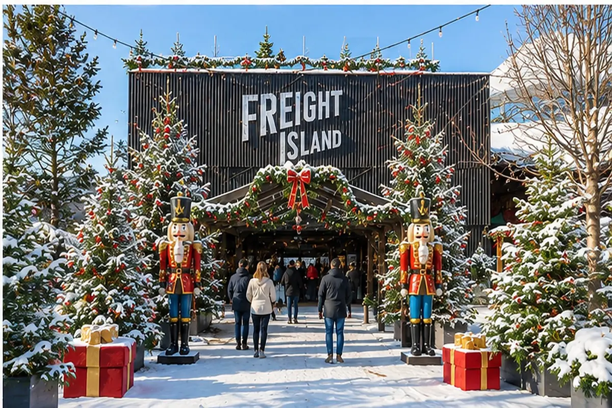 Daytime entrance to Freight Island, flanked by giant nutcracker guards and snow-covered Christmas trees.