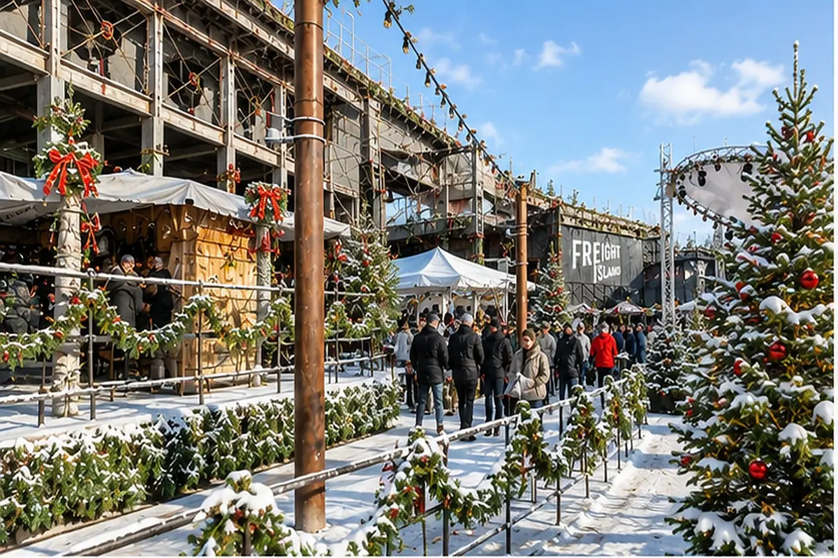 Families walking the snowy, garland-lined path through the Freight Island Christmas Village in daylight.